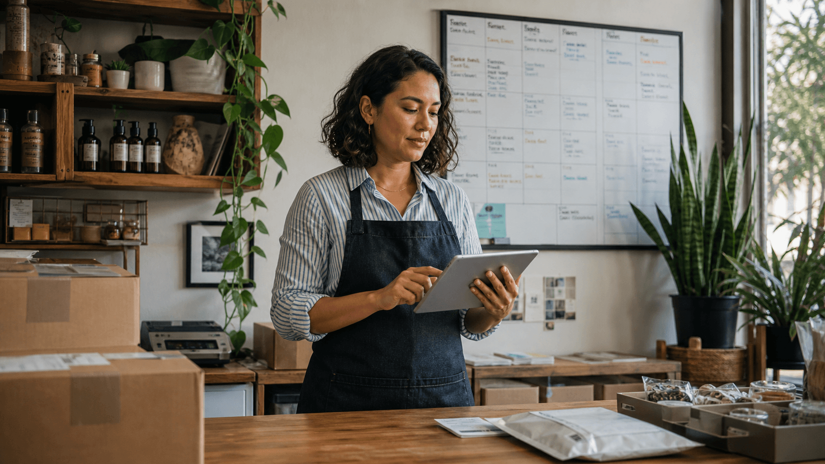 A business owner calmly managing an organized workflow on a tablet