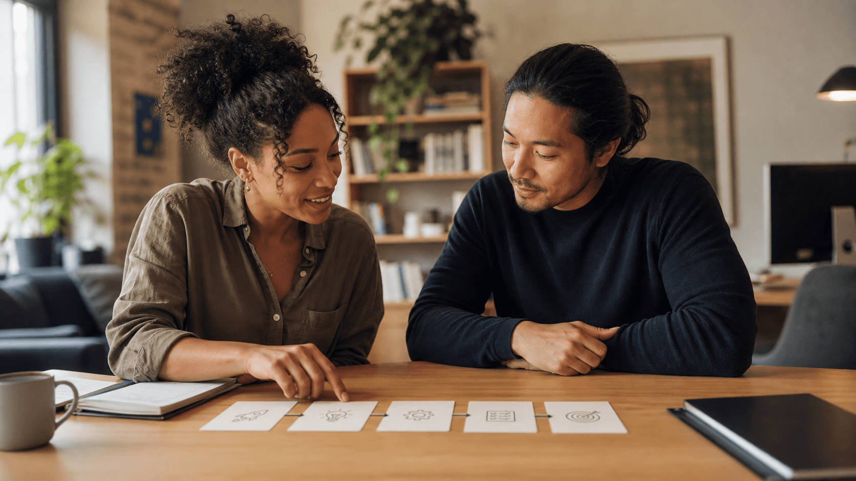 An entrepreneur and advisor arranging ideas into a simple practical plan