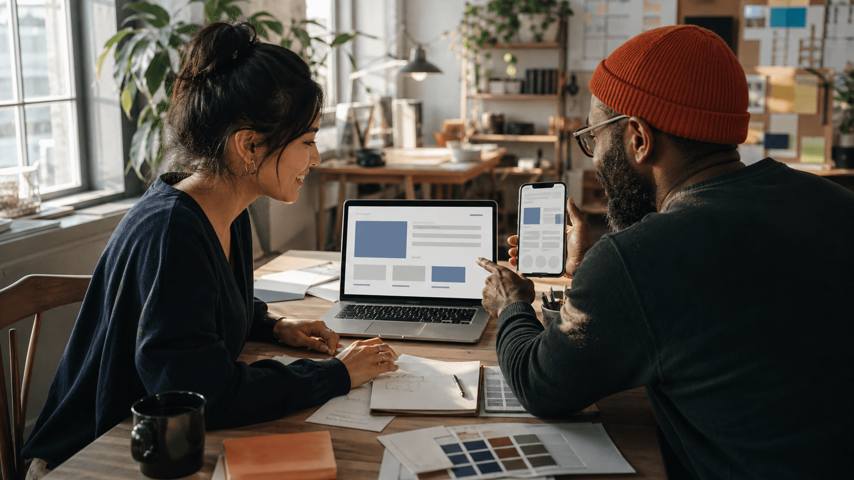 A founder and creative partner reviewing a polished website together