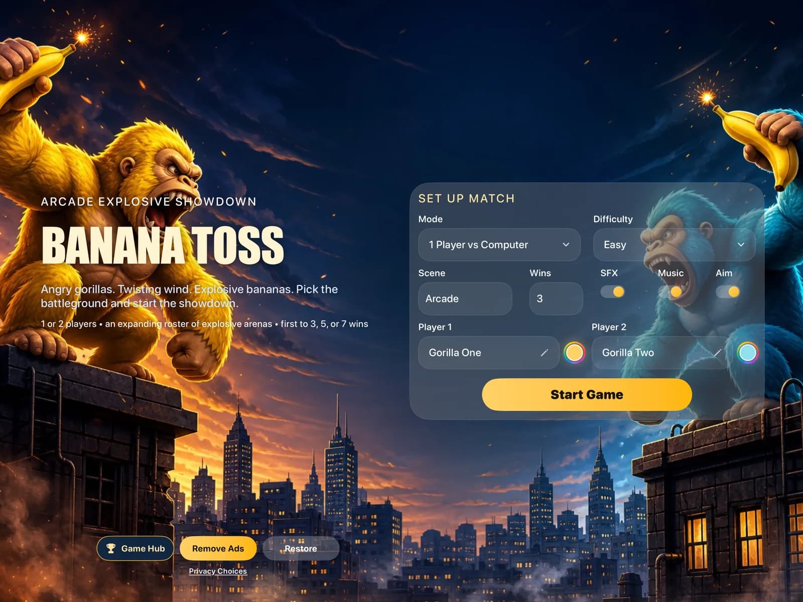 Banana Toss match setup screen with solo mode, difficulty, scene, sound, music, aim, and player controls.