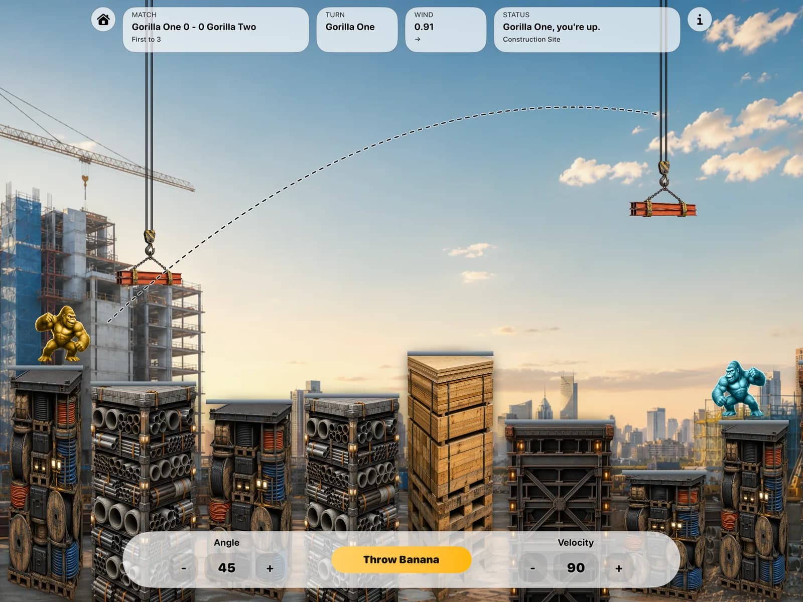 Banana Toss battle across a construction site with cranes, suspended materials, and stacked supplies.