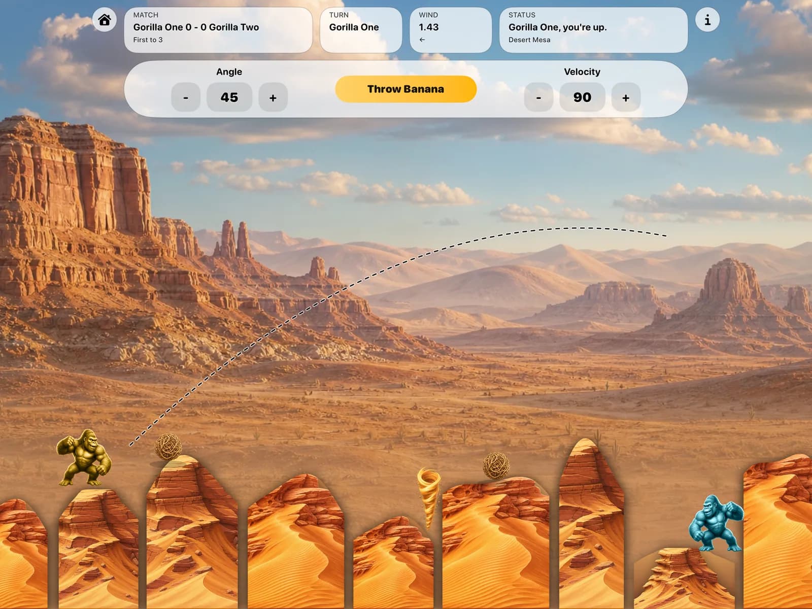 Explosive banana trajectory crossing the sunlit Desert Mesa arena.