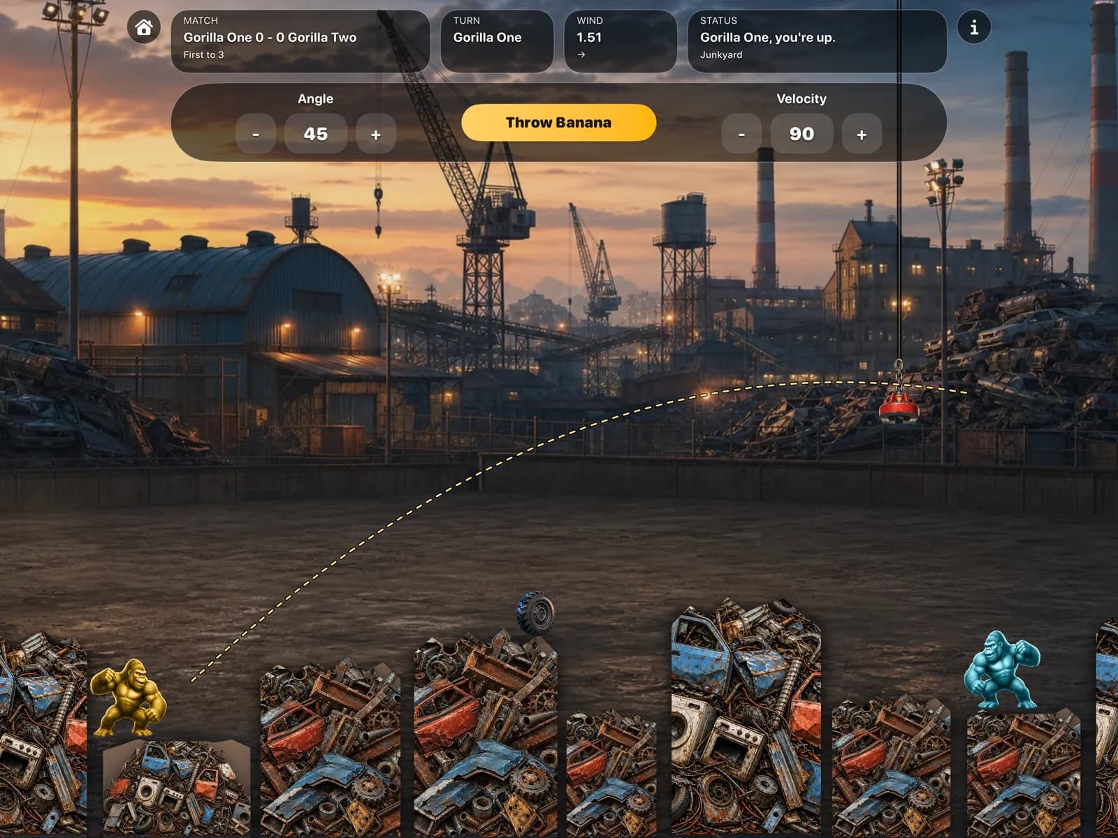 Gorillas facing off among wreckage and industrial machinery in the Junkyard arena.