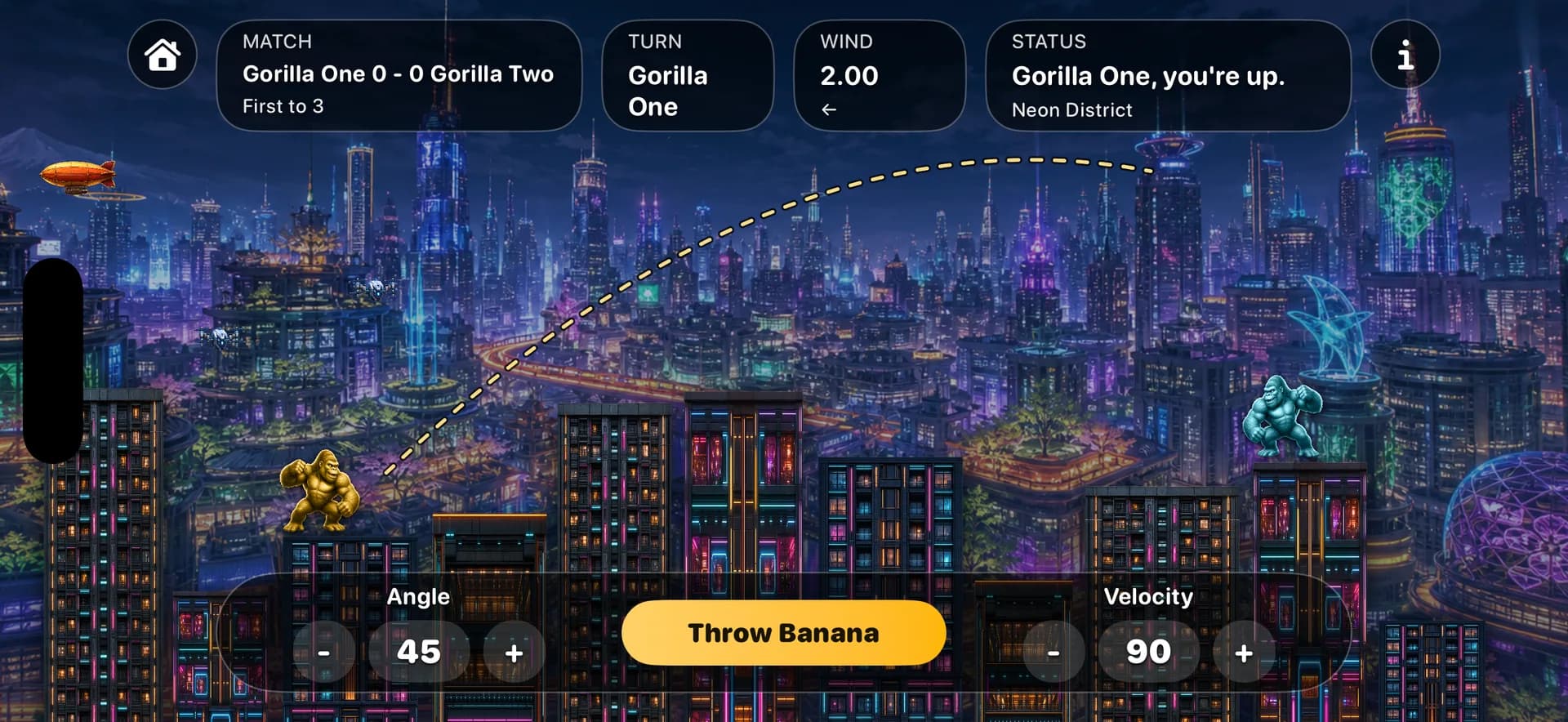 Gorillas aiming an explosive banana across the illuminated Neon District arena.