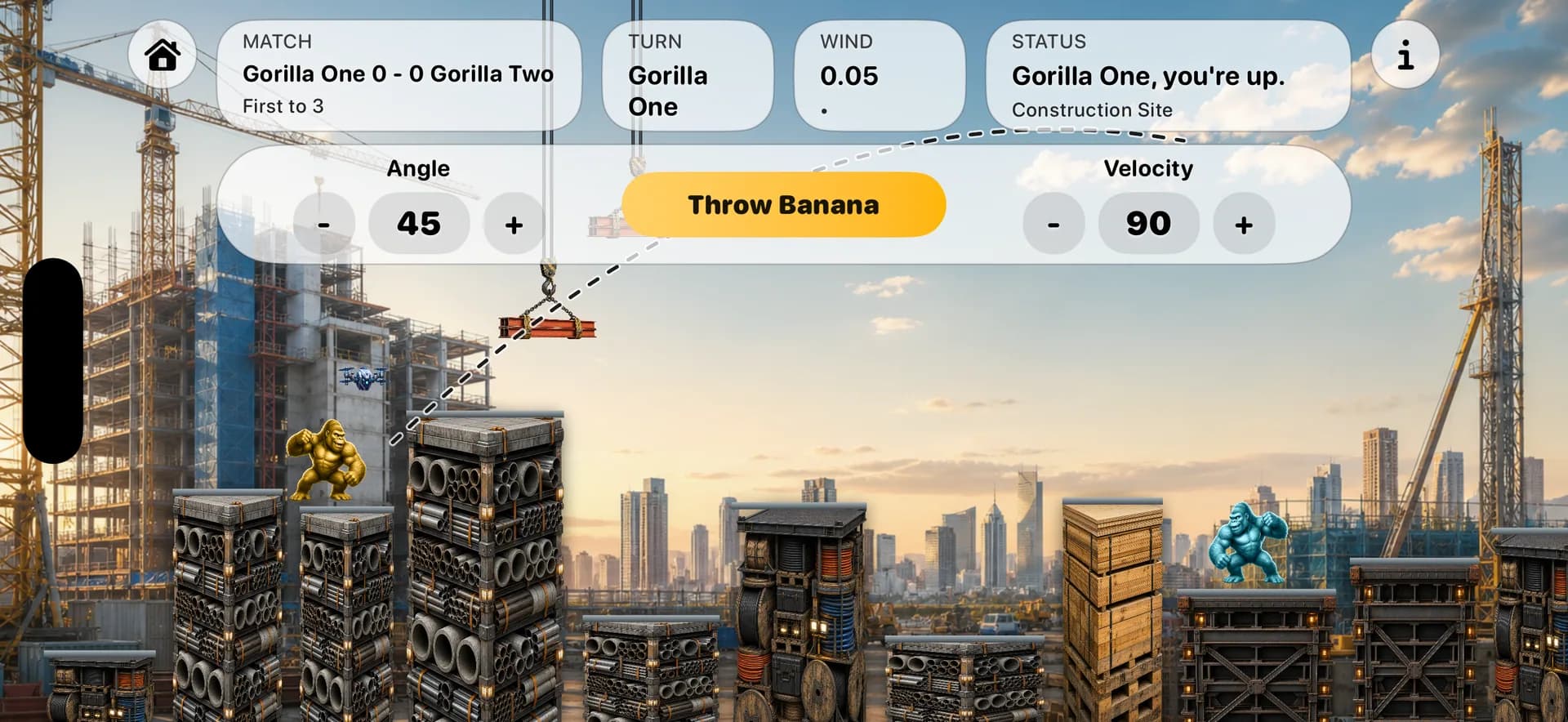 Banana Toss battle across a construction site with cranes, suspended materials, and stacked supplies.