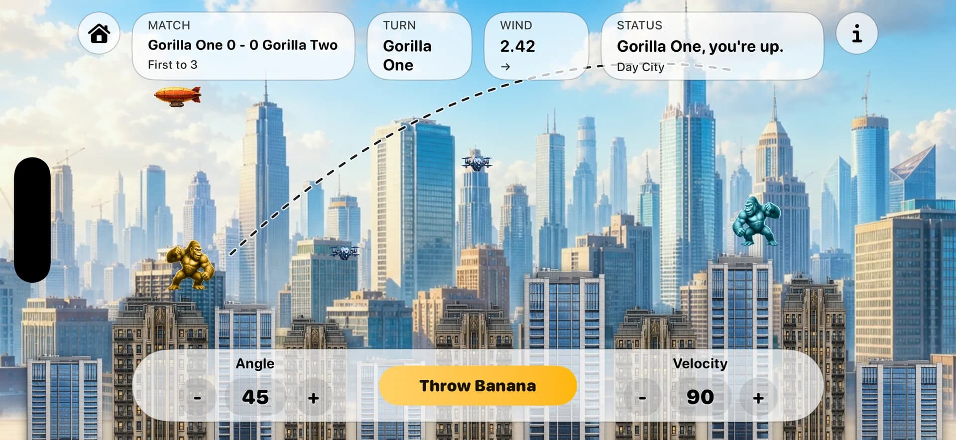 Gorillas battling across a bright modern city skyline in Banana Toss.