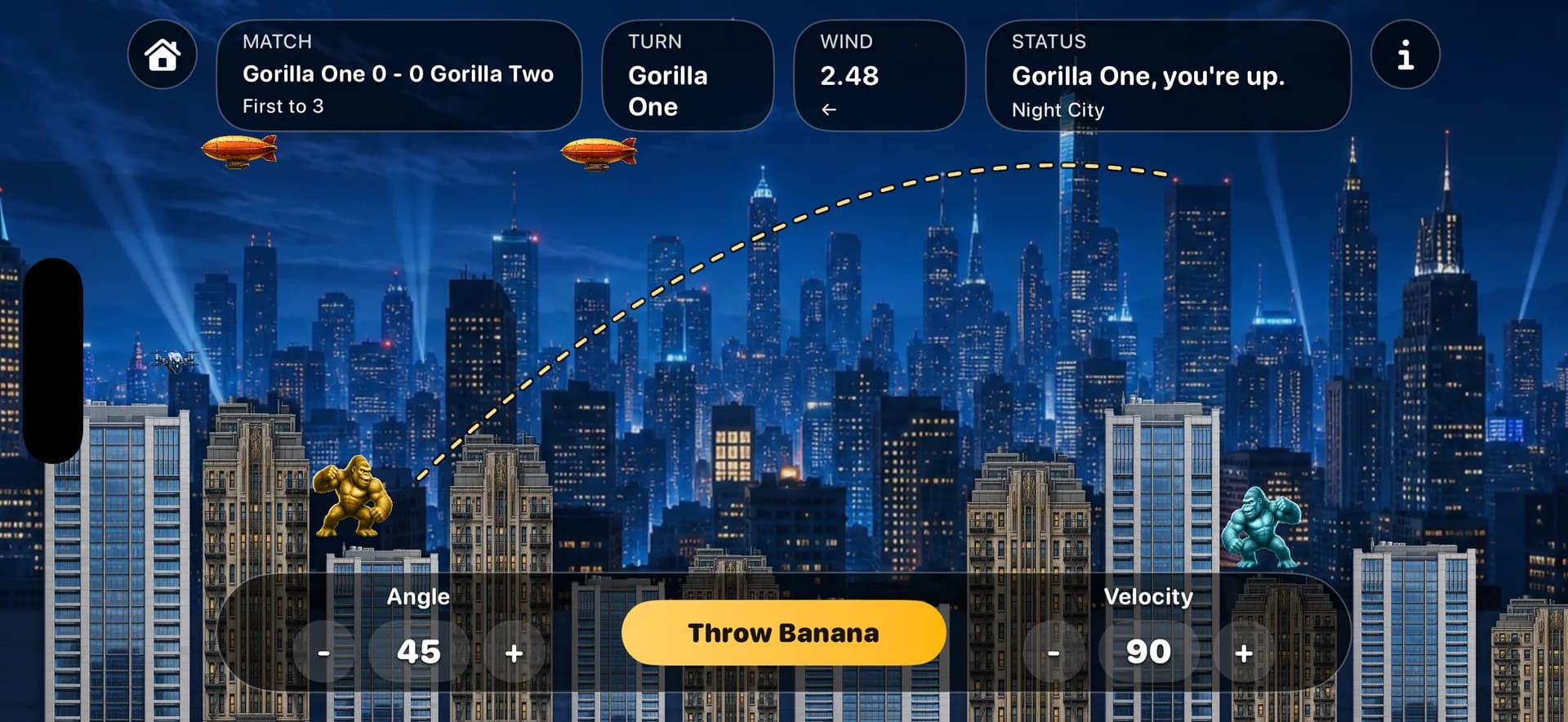 Moonlit Banana Toss rooftop battle with illuminated city buildings.
