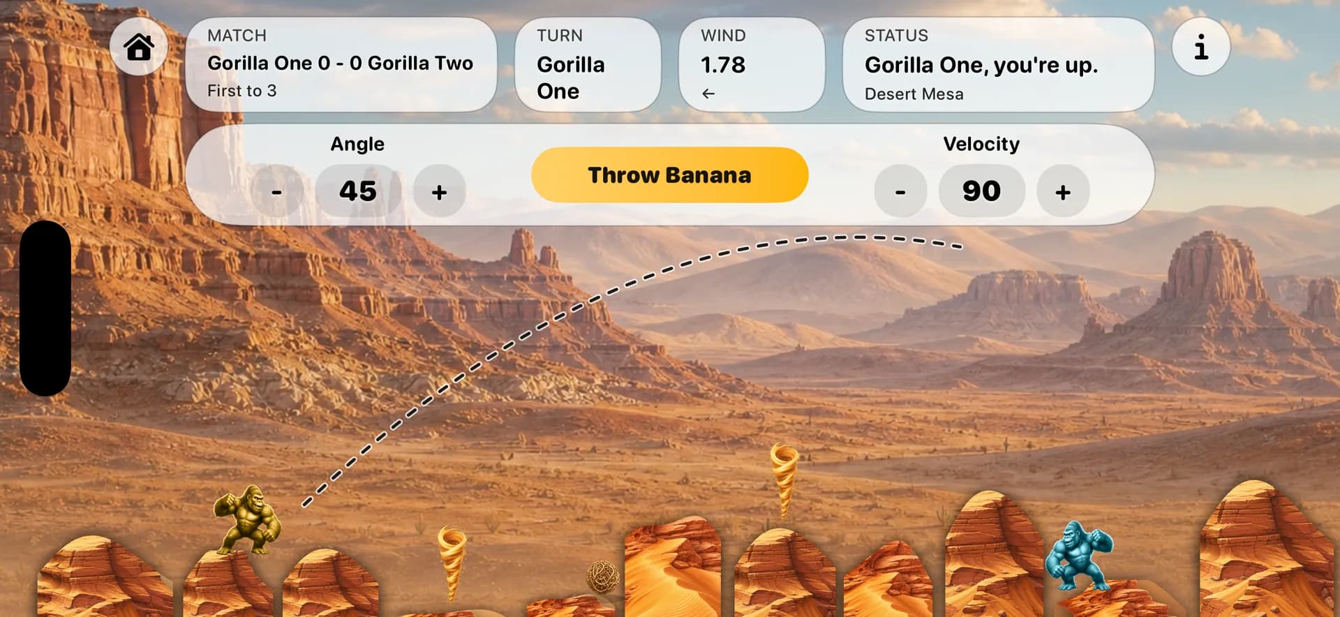 Explosive banana trajectory crossing the sunlit Desert Mesa arena.