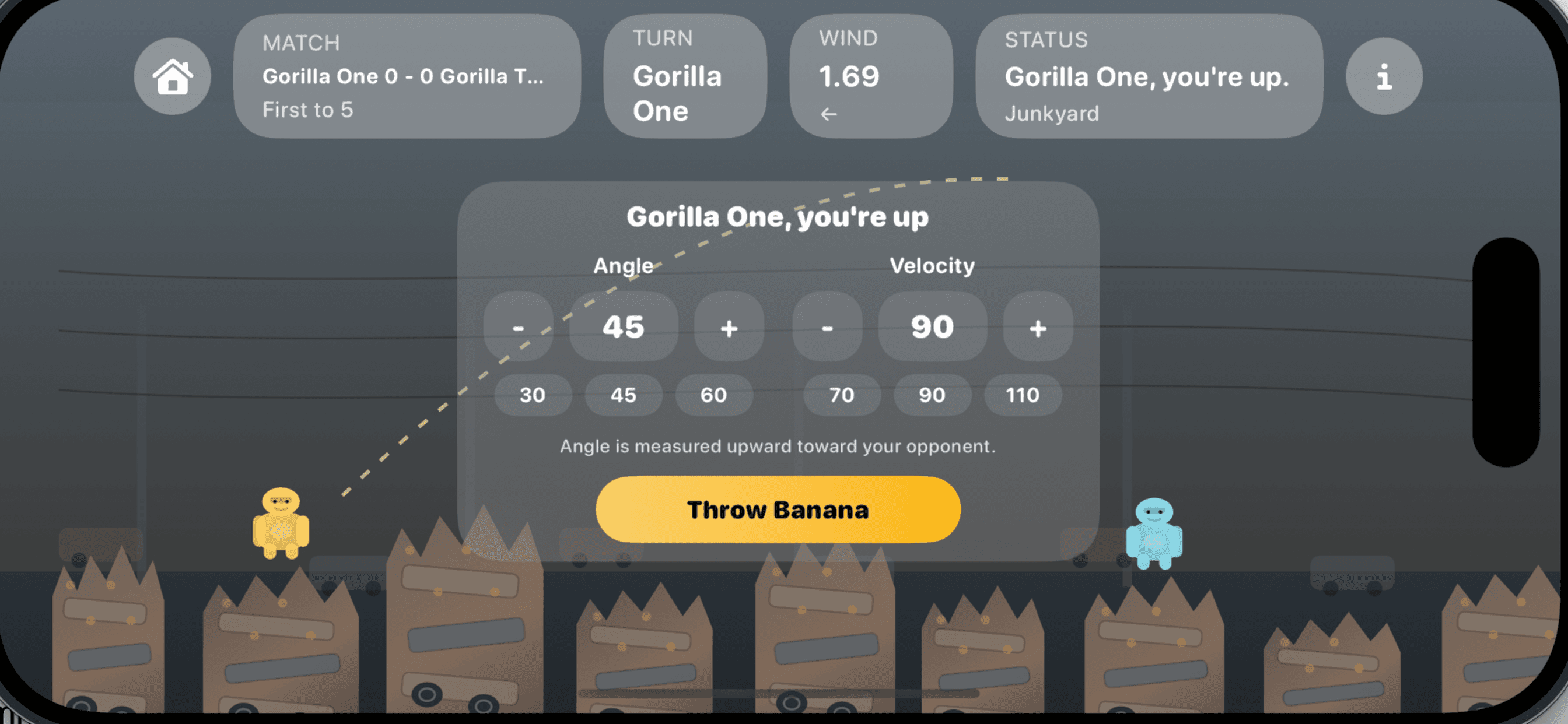 Aiming a banana toss across the junkyard arena