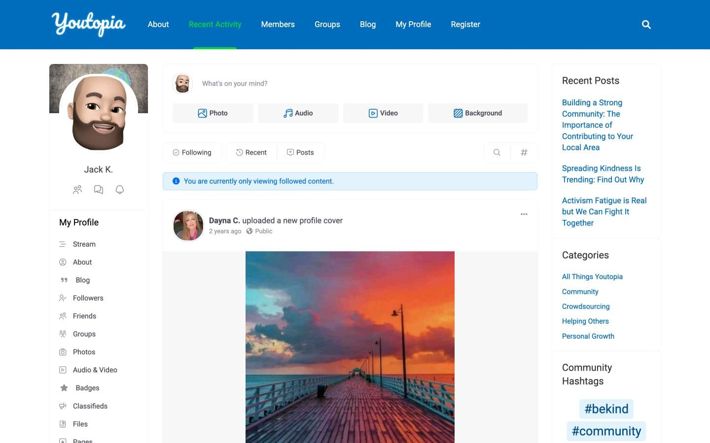 Legacy Youtopia activity feed with plugin navigation, profile sidebar, composer, and recent posts