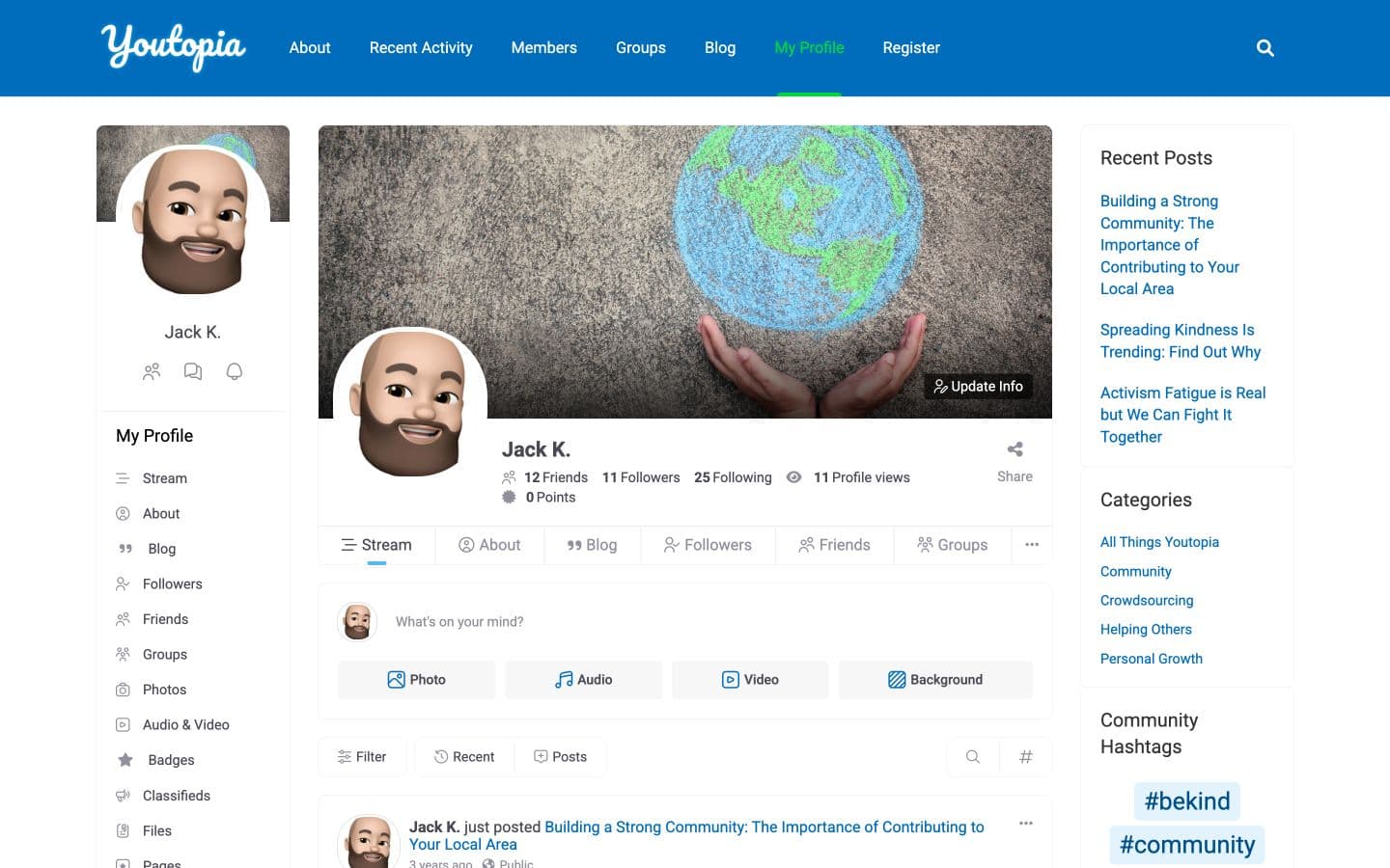 Legacy Youtopia member profile with plugin tabs and activity controls