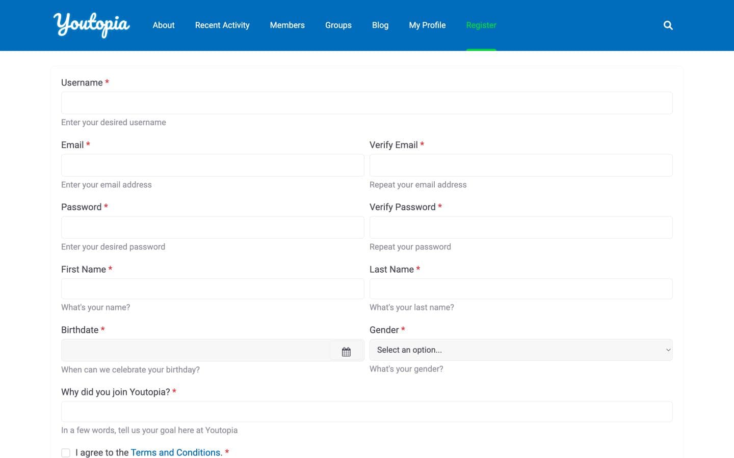 Legacy Youtopia registration page inside the older WordPress community interface