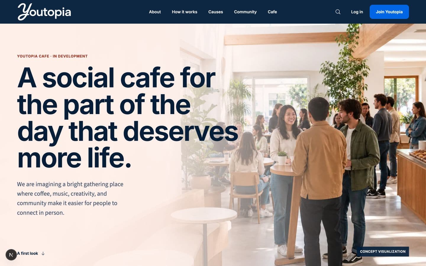 Youtopia Cafe concept page showing a bright community gathering place