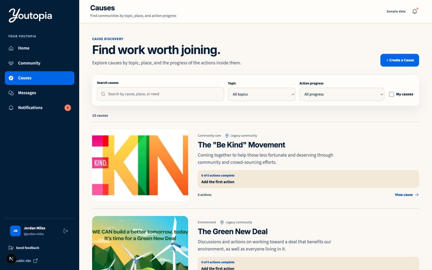 Replacement Youtopia Causes directory with discovery, topic, place, and Action-progress filters