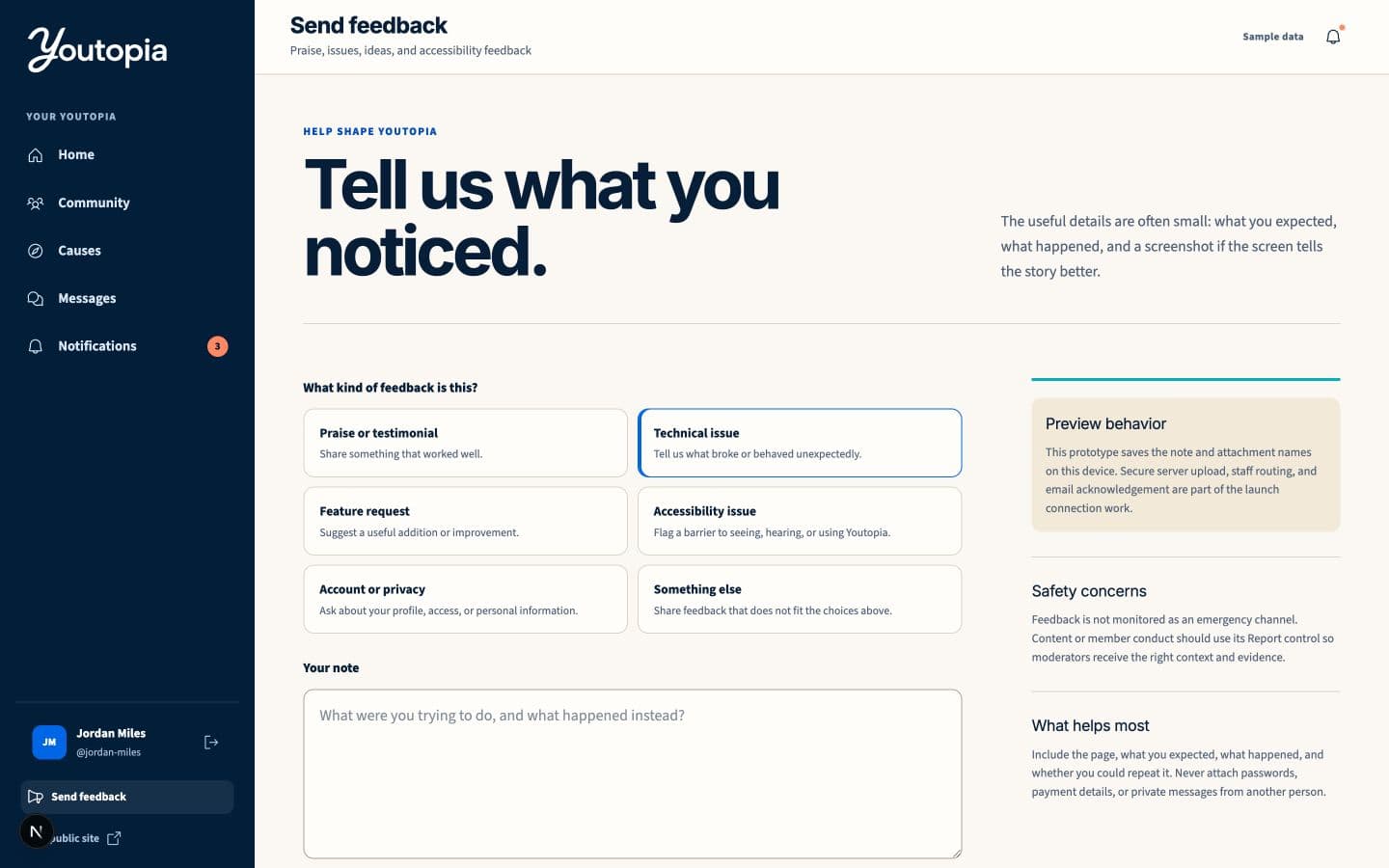 Pre-launch Youtopia feedback form with categories, written notes, and attachment support