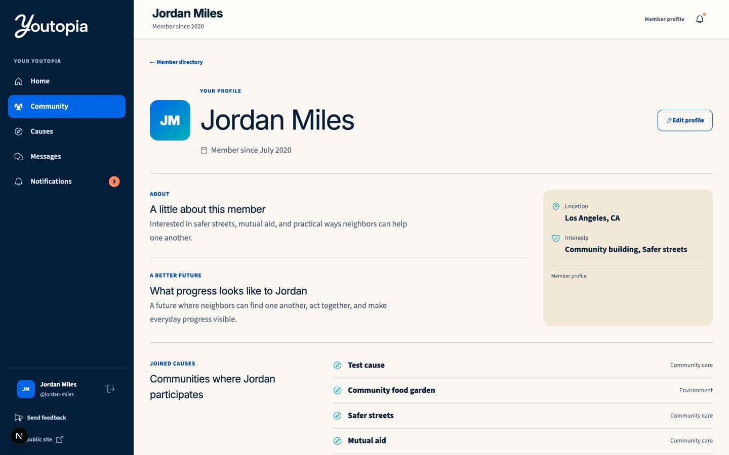 Pre-launch Youtopia member profile connecting identity, history, and joined Causes