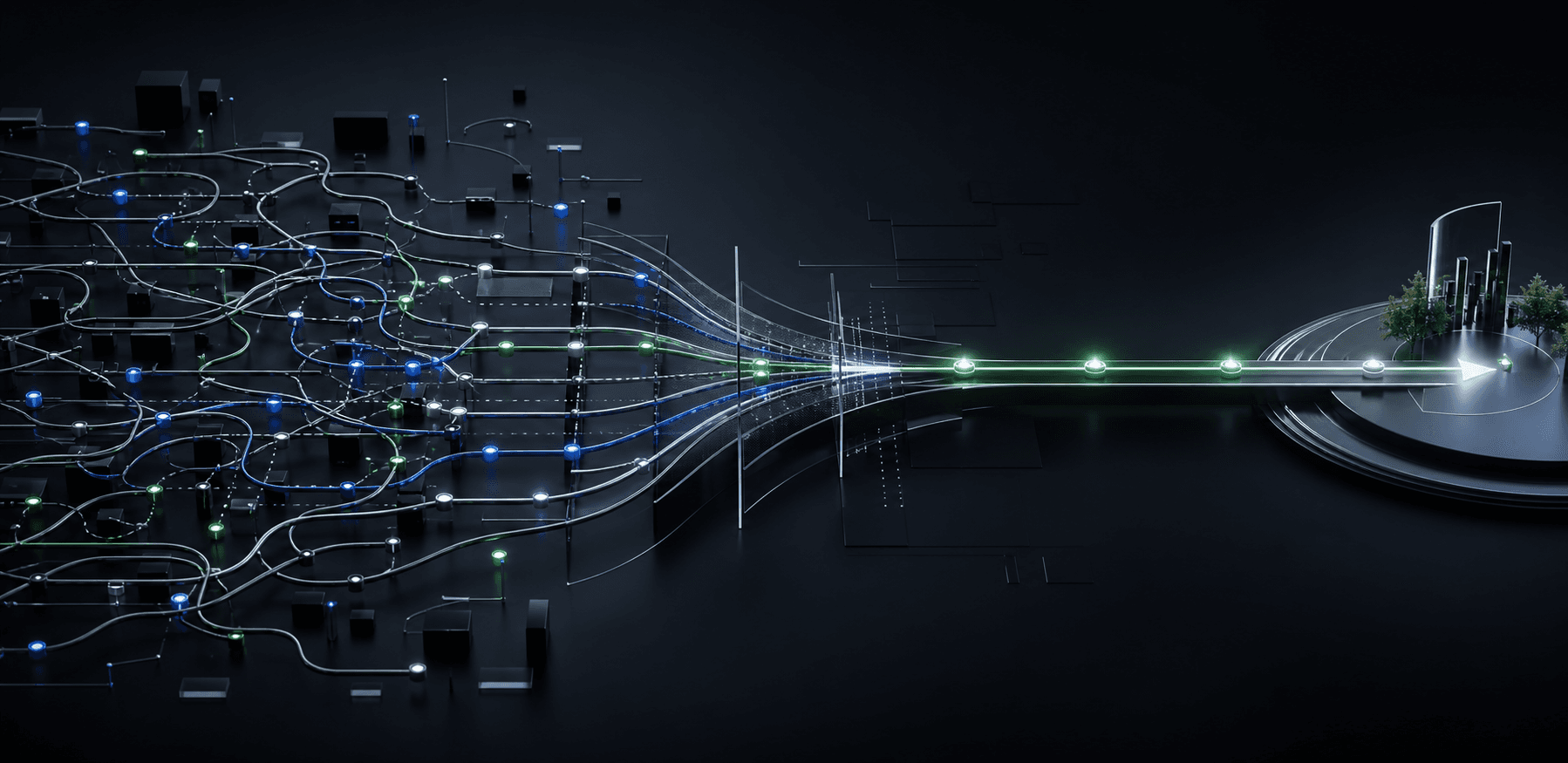 Connected paths moving from complexity toward a clear destination
