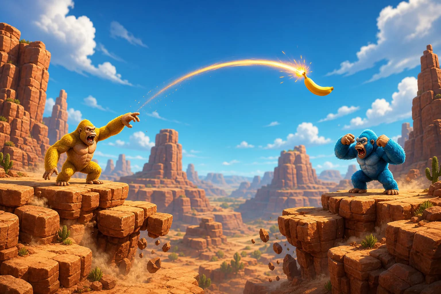A yellow gorilla launches an explosive banana toward a blue gorilla across a desert canyon.