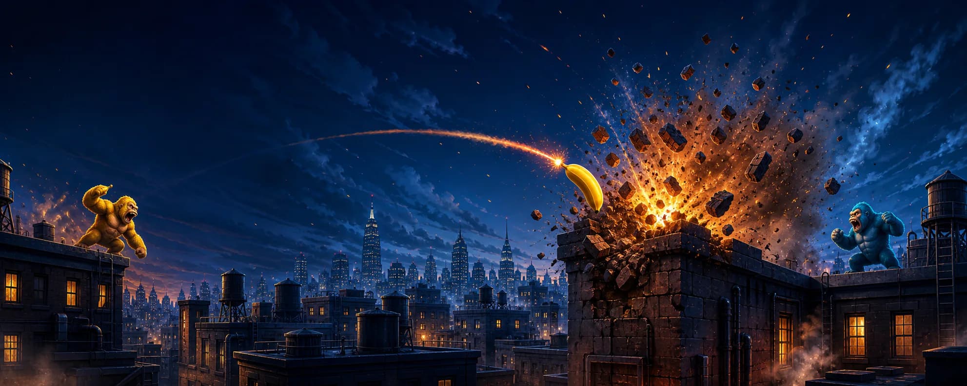 An explosive banana destroys a rooftop between two opposing gorillas.