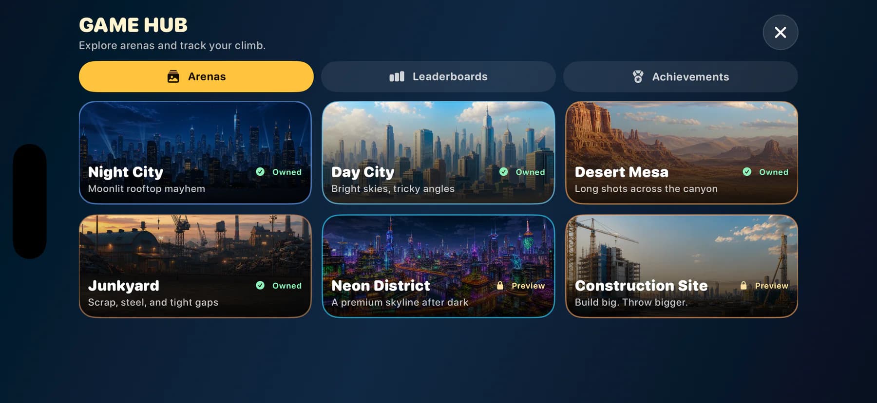 Banana Toss Game Hub arena browser showing six available arenas.